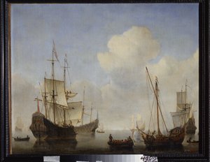 El escuadrón holandés en la costa occidental de África. Pintura de Willem van de Velde el Joven (1633-1707). Óleo sobre lienzo, hacia 1660. Escuela holandesa, arte barroco. Museo Estatal al Aire Libre Peterhof, San Pedro de Willem van de Velde the Younger