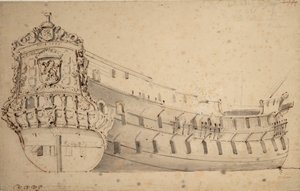 Retrato del "Ridderschap", de 66 cañones, del Almirantazgo del Mosa, construido en 1666 y perdido en el mar en 1690, c.1686 (grafito, aguada gris) de Willem van de Velde the Younger