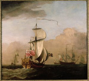 El Ketch del Segundo Duque de Albemarle con un yate a la izquierda y tres barcos de guerra en la distancia a la derecha