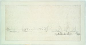 La botadura de un barco inglés, probablemente el "James Galley", c.1676 (grafito y aguada, gris) de Willem van de Velde the Younger