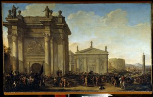 Una procesión triunfal. Pintura de Willem van de Velde el Joven (1633-1707). Óleo sobre lienzo, arte holandés, estilo barroco. Museo Estatal al Aire Libre Palace Gatchina, San Petersburgo. de Willem van de Velde the Younger