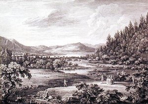 Vista desde Ulswater hacia Pooley Bridge, grabado por Chatelin y Canot de William (after) Bellers