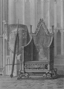 La silla de coronación de los soberanos ingleses, con el escudo y la espada de estado de Eduardo III, Abadía de Westminster de William (after) Capon
