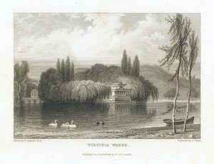 Virginia Water, Lago Surrey (Inglaterra), cerca de Windsor, vista del pabellón chino rodeado de árboles en una isla en el centro del lago. Grabado de J. Lewis según William Daniell (1769-1837). de William (after) Daniell