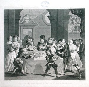 Sancho en el banquete hambriento por su médico, grabado por Thomas Cook (1744-1818) de William (after) Hogarth