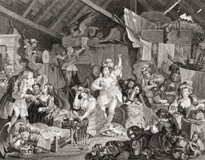 Jugadores ambulantes ensayando en un granero, grabado por G Presbury, de The Works of Hogarth publicado en Londres 1833
