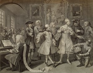 Tom Rakewell rodeado de artistas y profesores, lámina II de The Rake