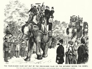 Caricatura de Punch: El club de cuatro en mano cortado por el club de uno en mano (el sábado antes del Derby) de William (after) Ralston