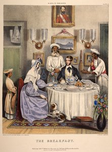 El desayuno. Una joven pareja casada (un funcionario de la Compañía de las Indias Orientales y su esposa) desayunando pescado frito, arroz y naranjas Sylhet, con la asistencia de sirvientes. Litografía de J. Bouvier. de William (after) Tayler