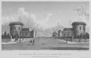 Entrada a Carlisle desde el sur, la prisión y la casa de sesiones (grabado) de William (after) Westall