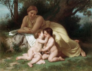 Mujer joven contemplando a dos niños abrazados de William Adolphe Bouguereau