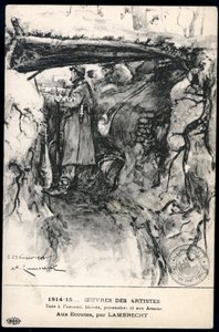 Primera Guerra Mundial - Guerra 14-18 (1914-1918) - Primera Guerra Mundial (WWI o WW1): Francia, Mapa Patriótico mostrando un dibujo de un soldado en una trinchera observando la línea del frente, titulado: 