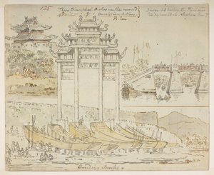 135 Juncos en construcción cerca de un arco de triunfo. “Estos arcos triunfales son la recompensa del Mérito o de las Acciones Meritorias. Puente de 3 arcos. Los muelles son demasiado piramidales. Suchew [Suchow]. Nov 7.