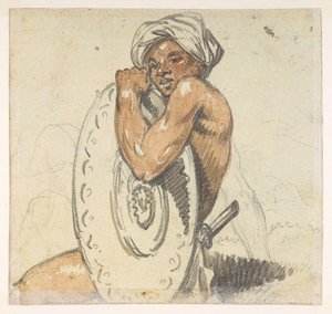 29v Joven con escudo.  de un álbum de 372 dibujos de paisajes, costas, disfraces y la vida cotidiana realizados durante la embajada de Lord Macartney ante el emperador de China, entre 1792 y 1794 (lápiz y acuarela sobre papel) de William Alexander