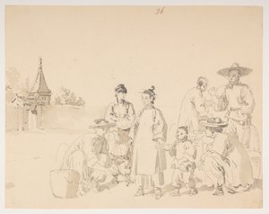 Un grupo, de un álbum de 372 dibujos de paisajes, costas, disfraces y la vida cotidiana realizados durante la embajada de Lord Macartney ante el emperador de China. de William Alexander
