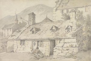 Cabañas de piedra en un paisaje montañoso con una figura en primer plano de William Alexander