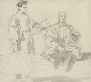 Dos figuras chinas: Un vendedor de sombreros y un hombre sentado con las piernas cruzadas, fumando en pipa de William Alexander