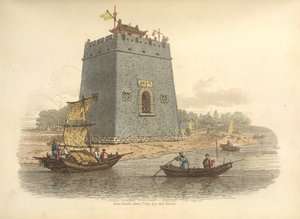 Vista de un castillo. Se describe como cercano a la ciudad de Tien-sin. Dentro de las almenas hay un edificio para albergar a los centinelas de servicio, uno de los cuales toca un gong para anunciar a la guarnición la llegada de un virrey o mandarín de ran de William Alexander
