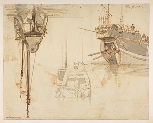 f.58 145v Barco.’ Río Lim-po. 20 de noviembre.  , de un Álbum de 372 dibujos de paisajes, costas, disfraces y la vida cotidiana realizados durante la embajada de Lord Macartney ante el Emperador de China, entre 1792 y 1794 (lápiz y acuarela sobre papel)