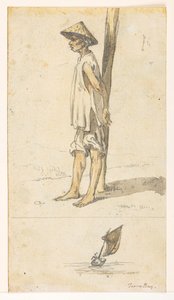 f.5 32v Joven apoyado en un árbol;un barco. 