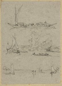 Tres bocetos de barcos en el río Düsseldorf de William Alfred Delamotte