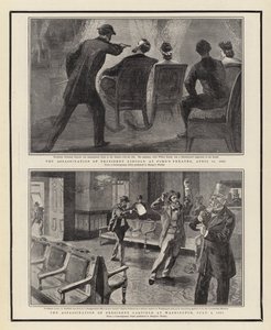 El Asesinato del Presidente Lincoln en el Teatro Ford, 14 de abril de 1865, el Asesinato del Presidente Garfield en Washington, 2 de julio de 1881 de William Allen Rogers