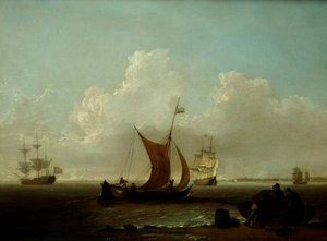 Barcos holandeses frente a la costa de Holanda con pescadores cargando un bote en la orilla de William Anderson