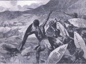 Lucha en las colinas de Matoppo: carga de los Matabele, ilustración de la Historia de Inglaterra de Cassell, 1900s de William Barnes Wollen