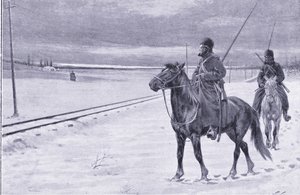 Vigilando el ferrocarril cerca de Mukden, ilustración de la Historia de la Guerra Ruso-Japonesa de Cassell Vol 1, c.1900 de William Barnes Wollen