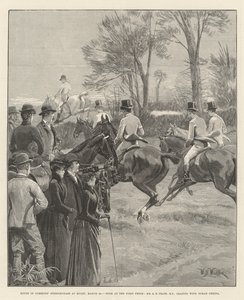 Carrera de obstáculos de la Cámara de los Comunes en Rugby, 29 de marzo, carrera en la primera valla, el Sr. A E Pease, MP, liderando con Norah Creina de William Barnes Wollen