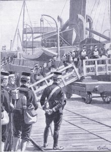 Tropas japonesas embarcando en Kobe, ilustración de la Historia de la Guerra Ruso-Japonesa de Cassell Vol 1, c.1900