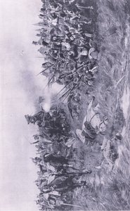 El 28º Regimiento de Gloucester recibiendo a la caballería francesa en Waterloo, 18 de junio de 1815, ilustración de Batallas Británicas en Tierra y Mar, 1915