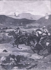 La batalla de Colenso: El teniente Roberts galopando para recuperar el desastre de los cañones, ilustración de la Historia de Inglaterra de Cassell, 1900s de William Barnes Wollen