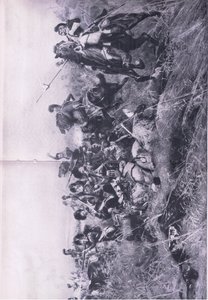 La Guardia Negra en la Batalla de Quatre Bras, 16 de junio de 1815, ilustración de Batallas Británicas en Tierra y Mar, 1915 de William Barnes Wollen