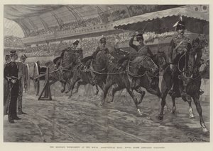 El torneo militar en el Royal Agricultural Hall, artillería a caballo real galopando de William Barnes Wollen