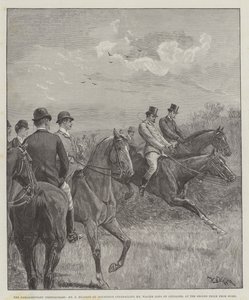 La Carrera de Obstáculos Parlamentaria, el Sr. F Mildmay en Discretion alcanzando al Sr. Walter Long en Crusader, en la Segunda Valla desde Casa de William Barnes Wollen