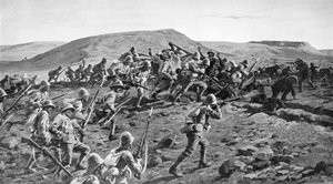 Los South Lancashires asaltando las trincheras bóer en Pieters Hill, Natal, 1900-1903 de William Barnes Wollen