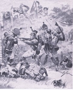 El ataque al muro en Hougomont: Waterloo 1815, ilustración de British Battles on Land and Sea, 1915