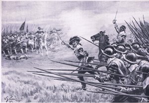 La carga de la infantería realista en Naseby, junio de 1645, ilustración de British Battles on Land and Sea, 1915 de William Barnes Wollen