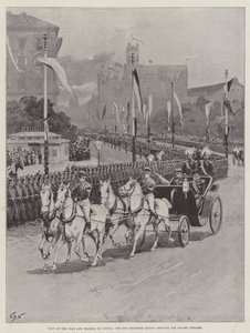 Visita del Zar y la Zarina a Viena, los Dos Emperadores cabalgando por la Prater Strasse de William Barnes Wollen