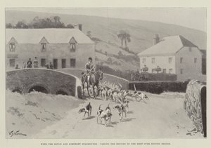 Con los sabuesos de Devon y Somerset, llevando a los sabuesos al encuentro sobre el puente de Exford de William Barnes Wollen