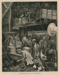 Descargando a granel en un barco de té en los muelles de Londres (grabado) de William Bazett Murray