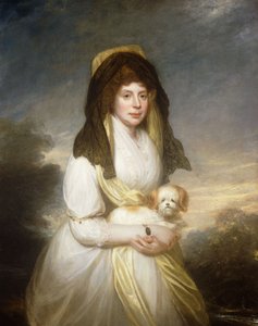 Retrato de la Reina Carlota, tres cuartos de longitud, con un vestido blanco, un chal amarillo y una mantilla negra, sosteniendo un perro maltés, en los jardines de Frogmore House de William Beechey