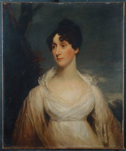 Retrato de una dama sentada, medio cuerpo, con un vestido blanco