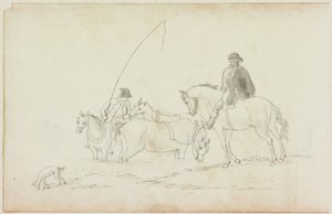 Dos hombres a caballo con dos caballos y un perro