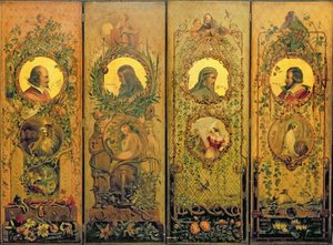 Una pantalla de cuatro hojas con retratos de Shakespeare, Milton, Chaucer y Spenser de William Bell Scott