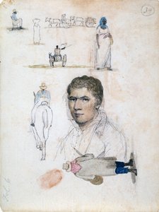 Ocho pequeños dibujos, entre ellos retratos, estudios de figuras y carros, del artista William Berryman. de William Berryman