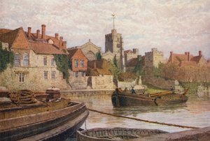 Maidstone, parte trasera del antiguo palacio, la iglesia y el Old College desde el otro lado del Medway (litografía en color) de William Biscombe Gardner