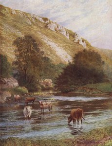 En el Wye, Granja Upper Dale, Monsal Dale (litografía en color) de William Biscombe Gardner