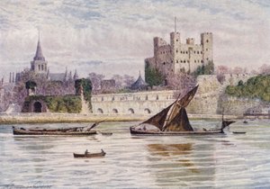 Castillo y catedral de Rochester desde el otro lado del Medway (litografía en color) de William Biscombe Gardner